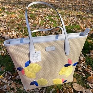 Kate Spade Large Tote Ash Straw Lemon Zest Straw and Leather Bag Lemon Print Bag